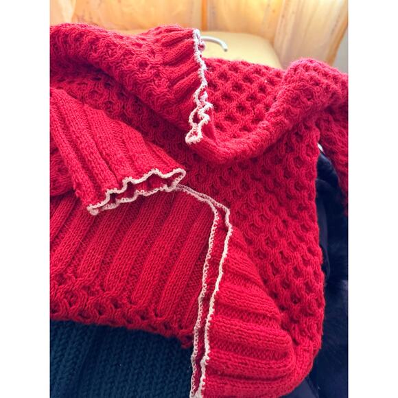 Vintage Red Waffle Knit Sweater Crochet Lace Textured Puff Sleeve Top - Picture 6 of 8